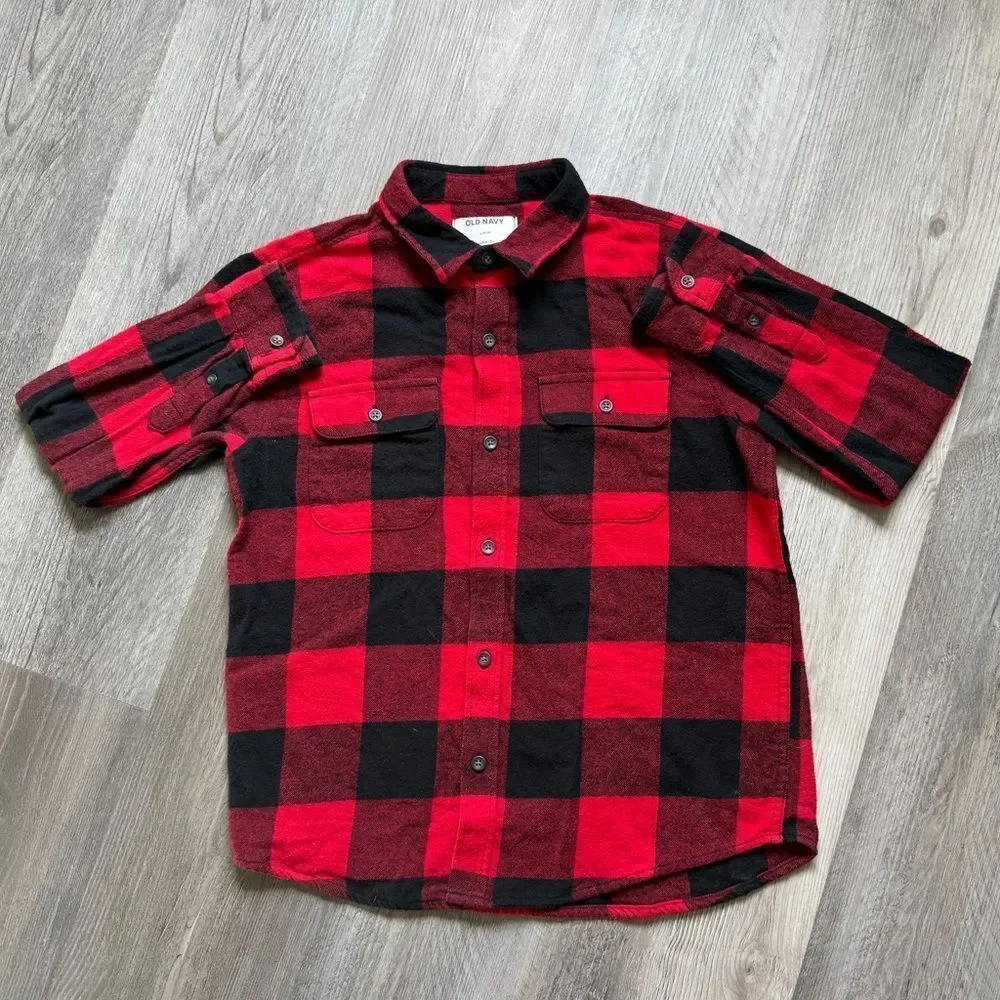 Buffalo Plaid Flannel Button Down Boys Large Red Black Pockets